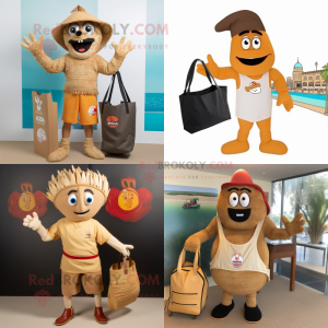 Tan Paella mascot costume character dressed with Rash Guard and Tote bags