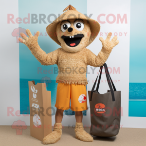 Tan Paella mascot costume character dressed with Rash Guard and Tote bags