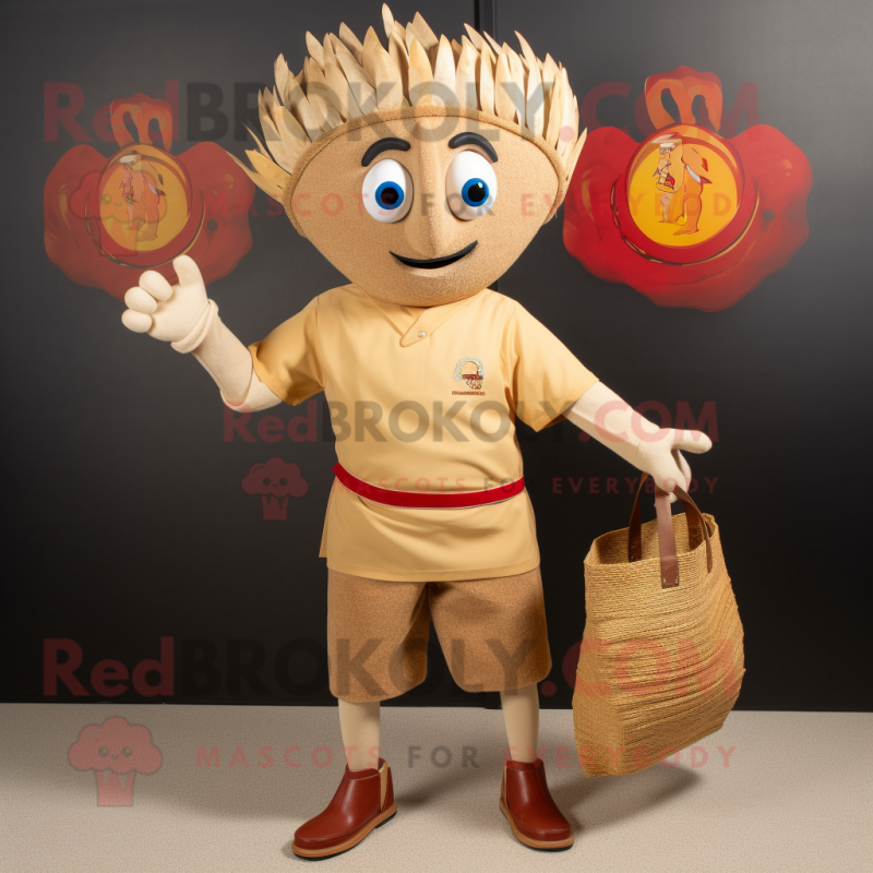 Tan Paella mascot costume character dressed with Rash Guard and Tote bags