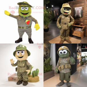 Olive army soldier mascot costume character dressed with Board Shorts and Ties