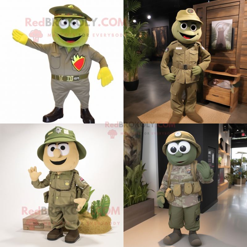 Olive army soldier mascot costume character dressed with Board Shorts and Ties Olive army soldier mascot costume character dressed with Board Shorts and Ties
