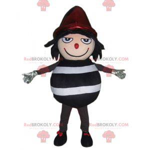 Black and white striped snowman mascot with a red cap -