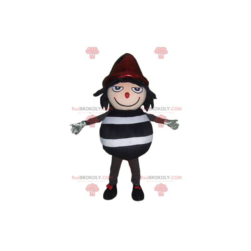Black and white striped snowman mascot with a red cap - Black and white striped snowman mascot with a red cap -