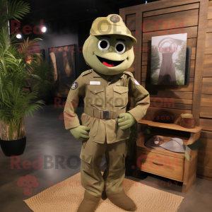 Olive army soldier mascot costume character dressed with Board Shorts and Ties