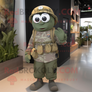 Olive army soldier mascot costume character dressed with Board Shorts and Ties