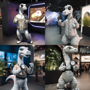Silver Brachiosaurus mascot costume character dressed with Bomber Jacket and Smartwatches