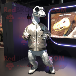 Silver Brachiosaurus mascot costume character dressed with Bomber Jacket and Smartwatches