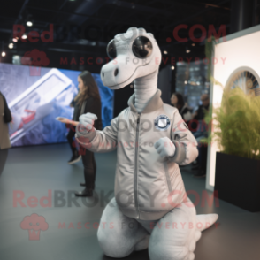 Silver Brachiosaurus mascot costume character dressed with Bomber Jacket and Smartwatches