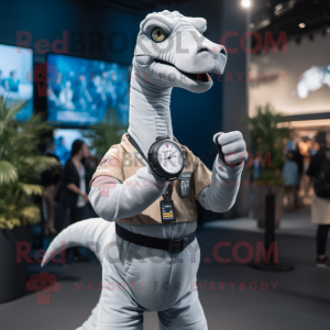 Silver Brachiosaurus mascot costume character dressed with Bomber Jacket and Smartwatches