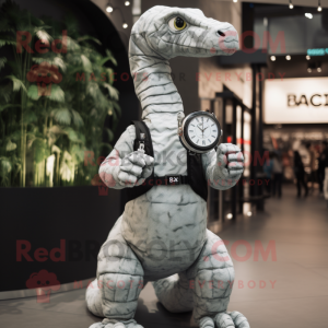 Silver Brachiosaurus mascot costume character dressed with Bomber Jacket and Smartwatches