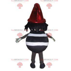 Mascotte de bonhomme rayé noir et blanc avec un bonnet rouge -