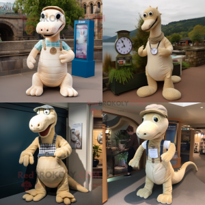 Beige loch ness monster mascot costume character dressed with Jeans and Watches
