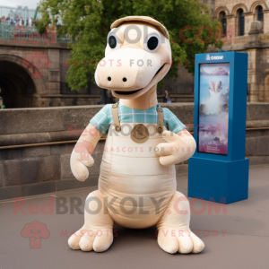 Beige loch ness monster mascot costume character dressed with Jeans and Watches