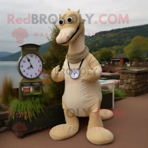 Beige loch ness monster mascot costume character dressed with Jeans and Watches