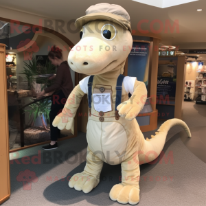 Beige loch ness monster mascot costume character dressed with Jeans and Watches