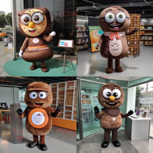 Brown donut mascot costume character dressed with Midi Dress and Reading glasses