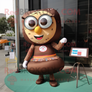 Brown donut mascot costume character dressed with Midi Dress and Reading glasses