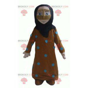 Oriental mascot of veiled woman dressed in orange and blue -