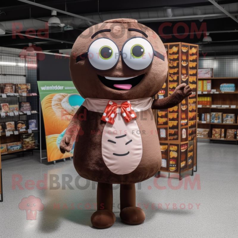 Brown donut mascot costume character dressed with Midi Dress and Reading glasses