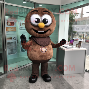 Brown donut mascot costume character dressed with Midi Dress and Reading glasses