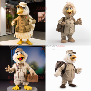 Beige Chicken mascot costume character dressed with Cargo Pants and Mittens