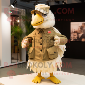 Beige Chicken mascot costume character dressed with Cargo Pants and Mittens