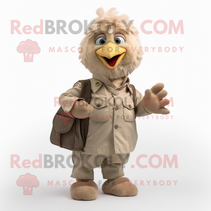 Beige Chicken mascot costume character dressed with Cargo Pants and Mittens Beige Chicken mascot costume character dressed with Cargo Pants and Mittens