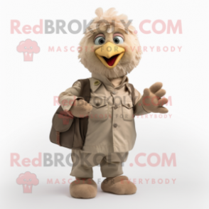 Beige Chicken mascot costume character dressed with Cargo Pants and Mittens