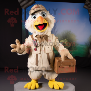 Beige Chicken mascot costume character dressed with Cargo Pants and Mittens