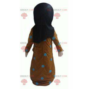 Oriental mascot of veiled woman dressed in orange and blue -