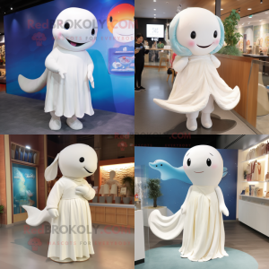 Cream Beluga Whale mascot costume character dressed with Dress and Hair clips