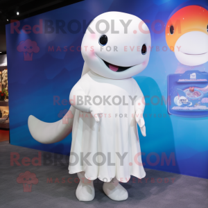 Cream Beluga Whale mascot costume character dressed with Dress and Hair clips