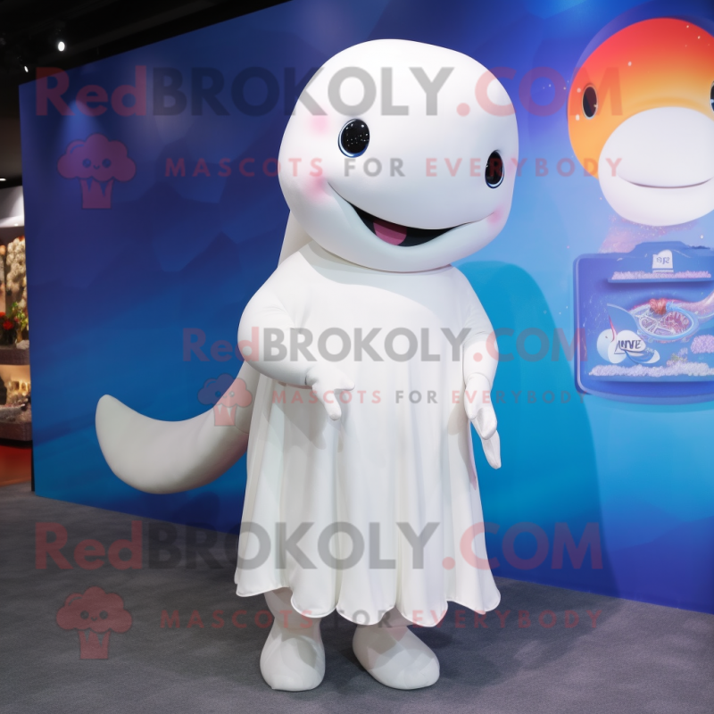 Cream Beluga Whale mascot costume character dressed with Dress and Hair