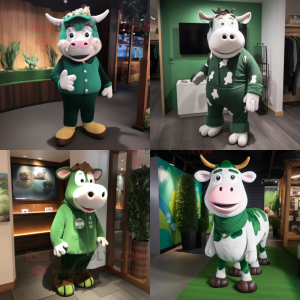 Forest Green Hereford cow mascot costume character dressed with Cardigan and Shoe laces