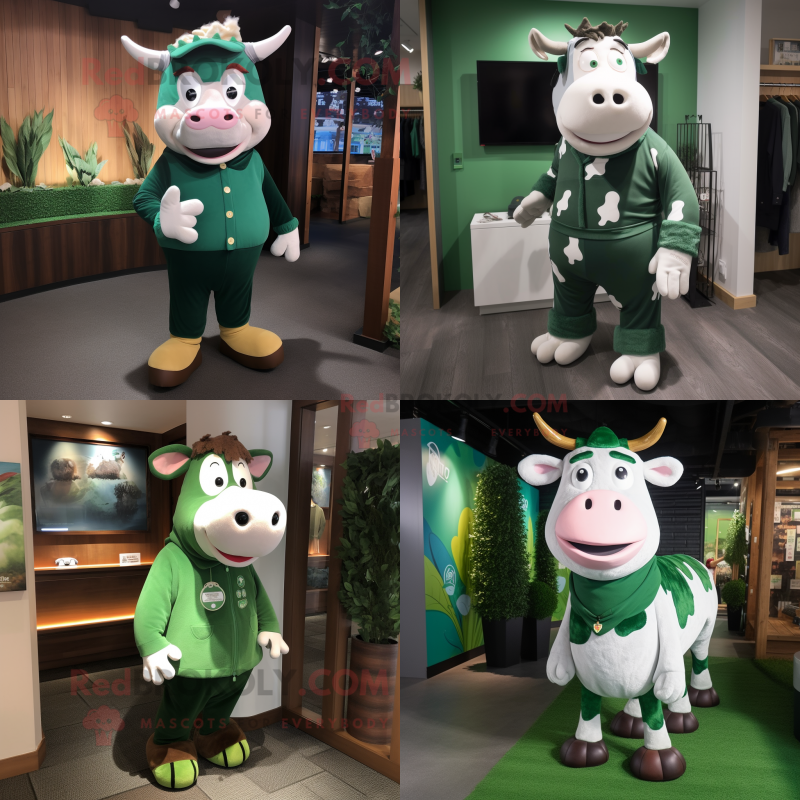 Forest Green Hereford cow mascot costume character dressed with Cardigan and Shoe laces