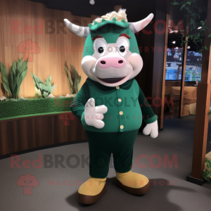 Forest Green Hereford cow mascot costume character dressed with Cardigan and Shoe laces