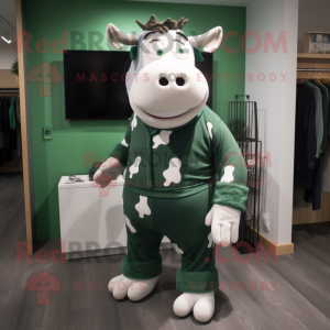 Forest Green Hereford cow mascot costume character dressed with Cardigan and Shoe laces