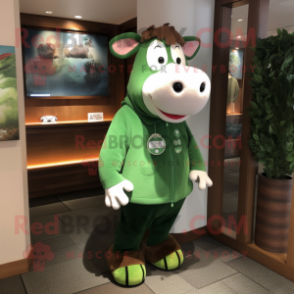 Forest Green Hereford cow mascot costume character dressed with Cardigan and Shoe laces