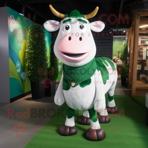 Forest Green Hereford cow mascot costume character dressed with Cardigan and Shoe laces