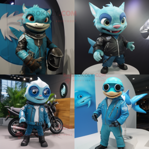 Cyan Tuna mascot costume character dressed with Moto Jacket and Keychains