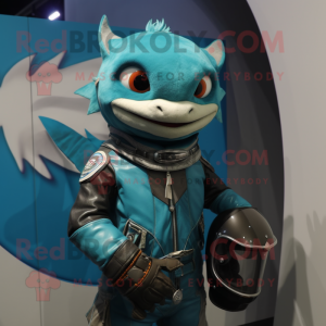 Cyan Tuna mascot costume character dressed with Moto Jacket and Keychains