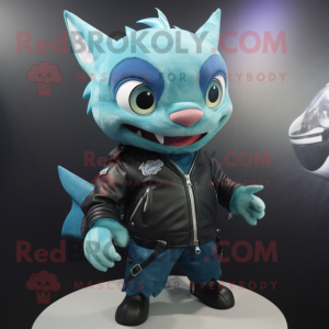 Cyan Tuna mascot costume character dressed with Moto Jacket and Keychains