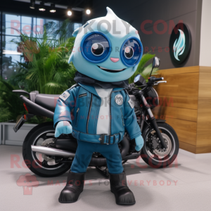 Cyan Tuna mascot costume character dressed with Moto Jacket and Keychains