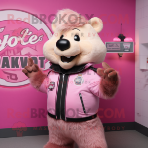 Pink Beaver mascot costume character dressed with Moto Jacket and Brooches
