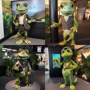 Olive Lizard mascot costume character dressed with Waistcoat and Smartwatches