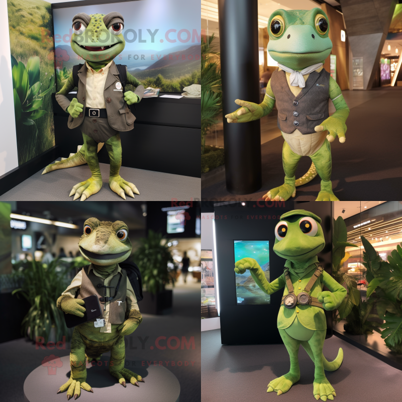 Olive Lizard mascot costume character dressed with Waistcoat and Smartwatches Olive Lizard mascot costume character dressed with Waistcoat and Smartwatches