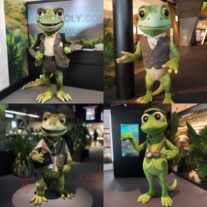Olive Lizard mascot costume character dressed with Waistcoat and Smartwatches