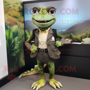 Olive Lizard mascot costume character dressed with Waistcoat and Smartwatches