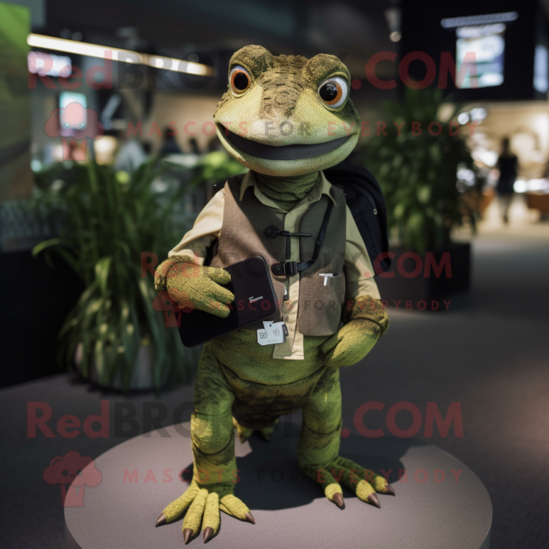 Olive Lizard mascot costume character dressed with Waistcoat and Smartwatches