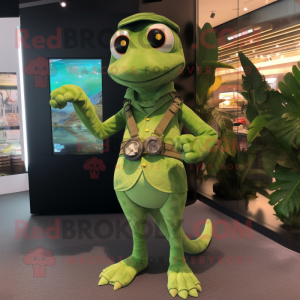 Olive Lizard mascot costume character dressed with Waistcoat and Smartwatches